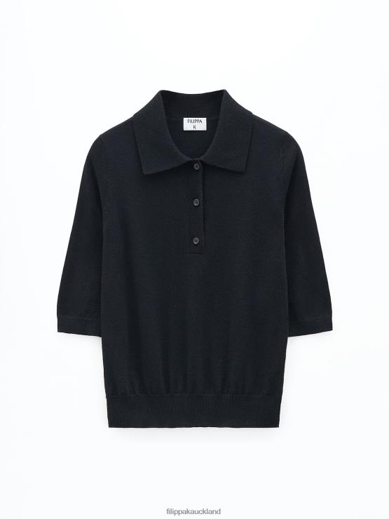 Women Filippa K Black Merino Polo Shirt Apparel 66L8484