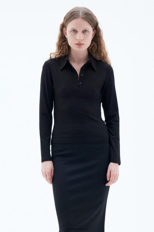 Women Filippa K Black Shiny Rib Button Polo Apparel 66L84136